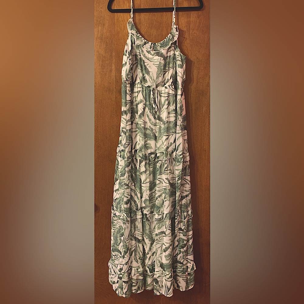 Crystal Doll White Maxi Dress with Green Leaf Print